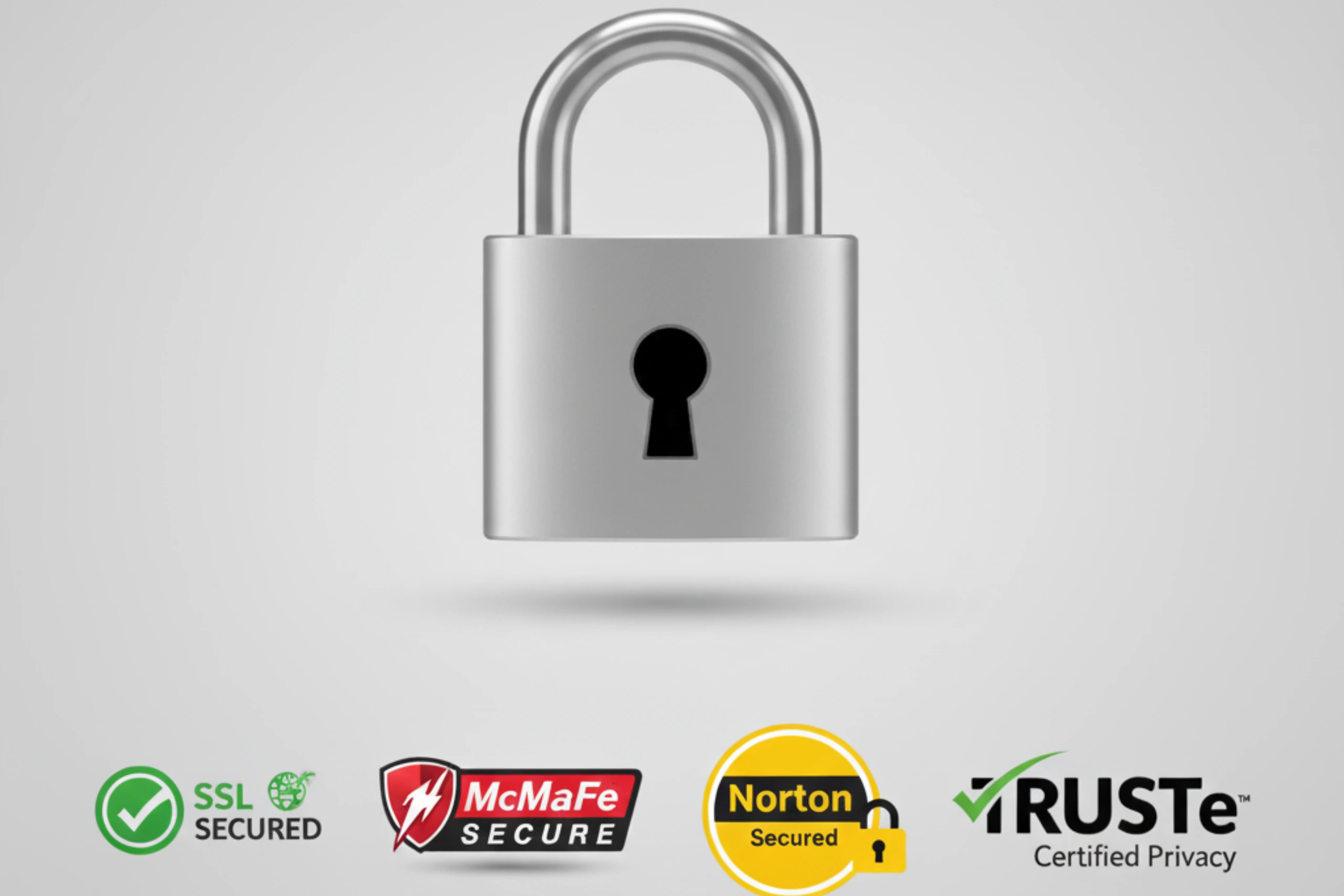 Un candado de seguridad junto a varios logos de confianza digital como SSL Secured, McAfee, Norton y TRUSTe para una página web.