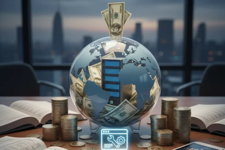 Costo mantenimiento web EE. UU. ilustrado con un globo terráqueo como alcancía, un servidor web y billetes de dólar.