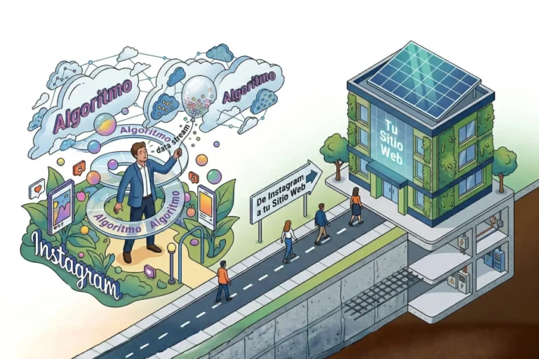 Ilustración conceptual de un emprendedor inestable en Instagram frente a la seguridad de un sitio web profesional con cimientos sólidos.