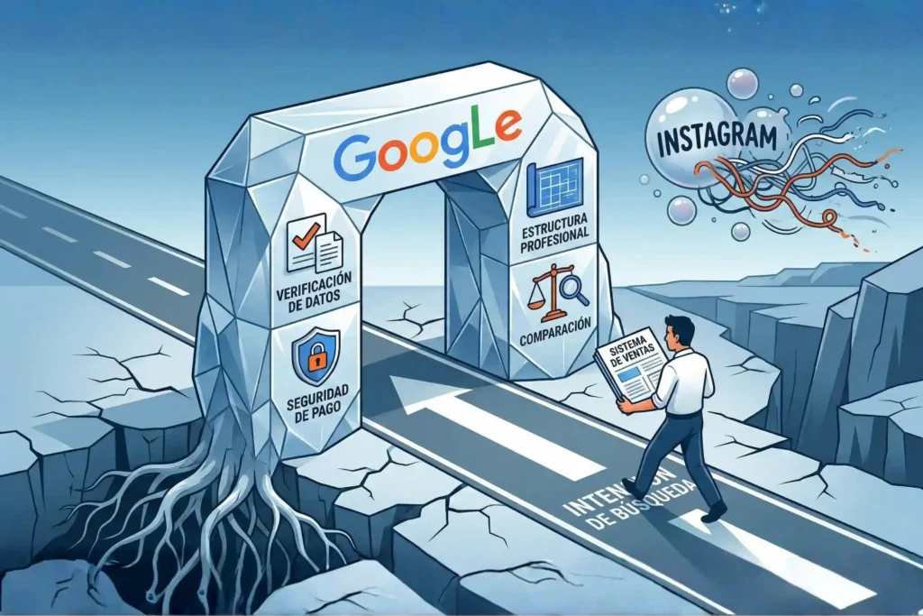 Ilustración conceptual de un emprendedor cruzando un monumental portal de Google labeled 'Verificación de Datos', 'Seguridad de Pago', 'Estructura Profesional' y 'Comparación', mientras se aleja de una nube de Instagram con datos desordenados, todo sobre un camino labeled 'Intención de Búsqueda'.