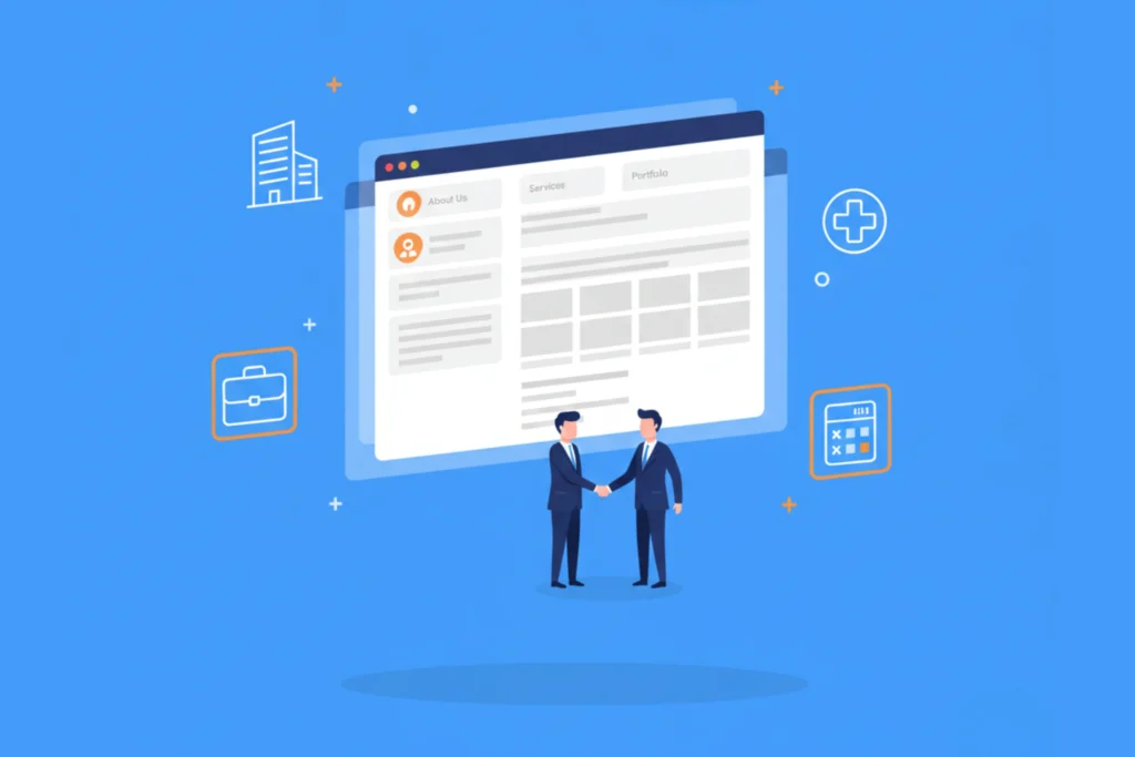 Ilustración técnica de una interfaz de web corporativa con secciones de servicios y portafolio, rodeada de iconos de sectores profesionales y un símbolo de confianza en Creador Webs.