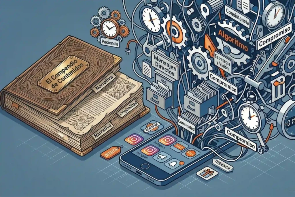 Ilustración isométrica que muestra un smartphone con la app de Instagram conectada a una abrumadora maquinaria de engranajes y archivos labeled 'Algoritmo', 'Mensajes Directos' y 'Creación de Contenido', junto a un libro ordenado titulado 'El Compendio de Contenidos'.