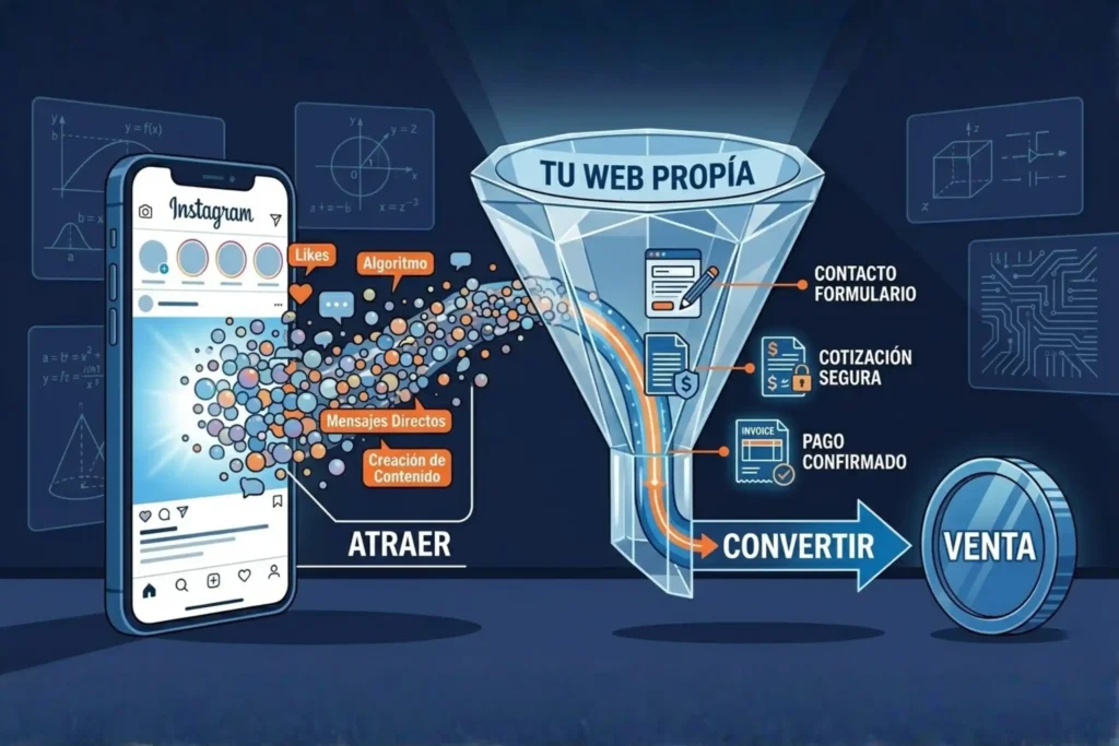 Ilustración conceptual de un smartphone con la app de Instagram labeled 'Atraer', desde la cual un flujo de 'Likes', 'Algoritmo', 'Mensajes Directos' y 'Creación de Contenido' entra en un embudo labeled 'Tu Web Propía' marked con 'Contacto Formulario', 'Cotización Segura' y 'Pago Confirmado' labeled 'Convertir' hacia una moneda labeled 'Venta', todo sobre un fondo de diagramas técnicos.