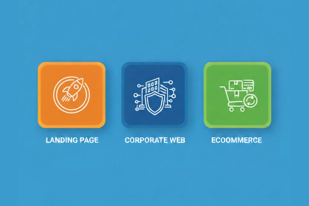 Matriz técnica comparativa que desglosa las diferencias estratégicas entre landing page, web corporativa y ecommerce, analizadas por la consultoría de desarrollo Creador Web.