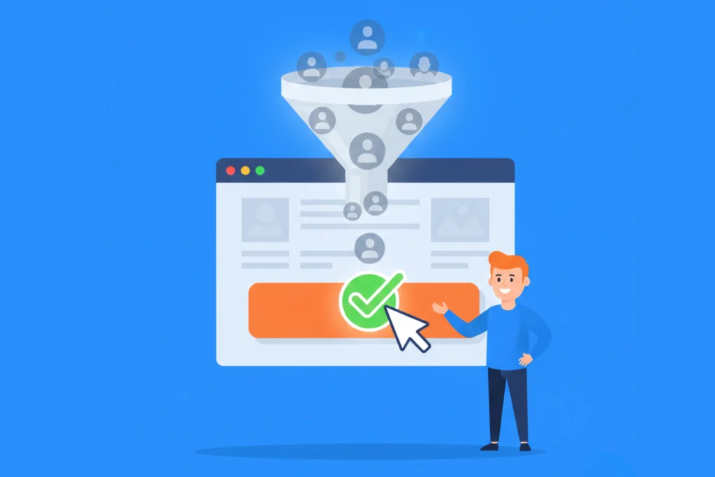 Ilustración técnica de un embudo de conversión que dirige el tráfico hacia un único botón de acción naranja, representando el enfoque estratégico y el objetivo principal de una landing page en Creador Webs.