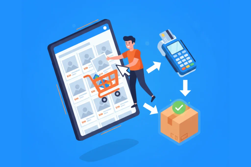 Ilustración técnica que muestra el flujo operativo de una tienda online (selección, pago y logística), presentada en el análisis comparativo de la consultoría Creador Webs.