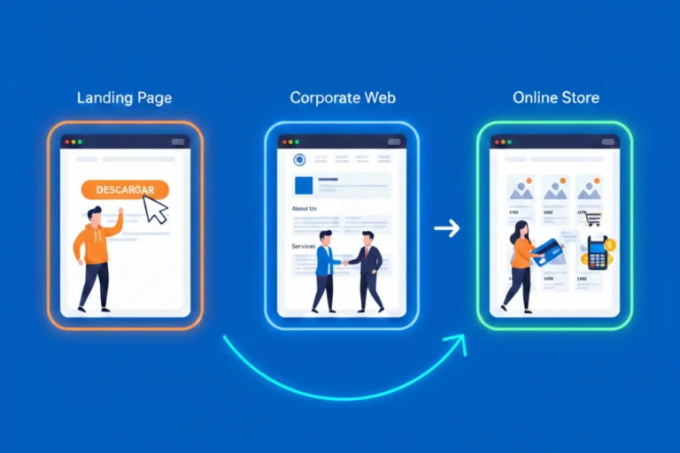 Comparativa técnica que ilustra la diferencia entre landing page, web corporativa y tienda online, destacando el enfoque en conversión, identidad de marca y transacciones digitales en Creador Webs.