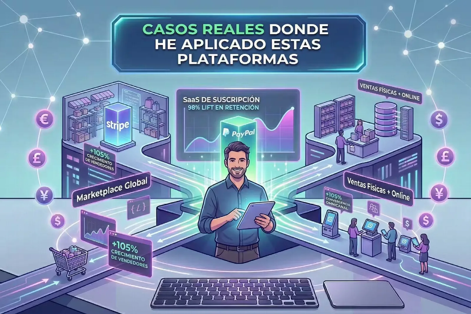 Ilustración técnica de un consultor mentor de ecommerce con tablet, analizando tres modelos de negocio exitosos con las pasarelas de pago integradas: Marketplace Global, SaaS de Suscripción y Retail Híbrido.