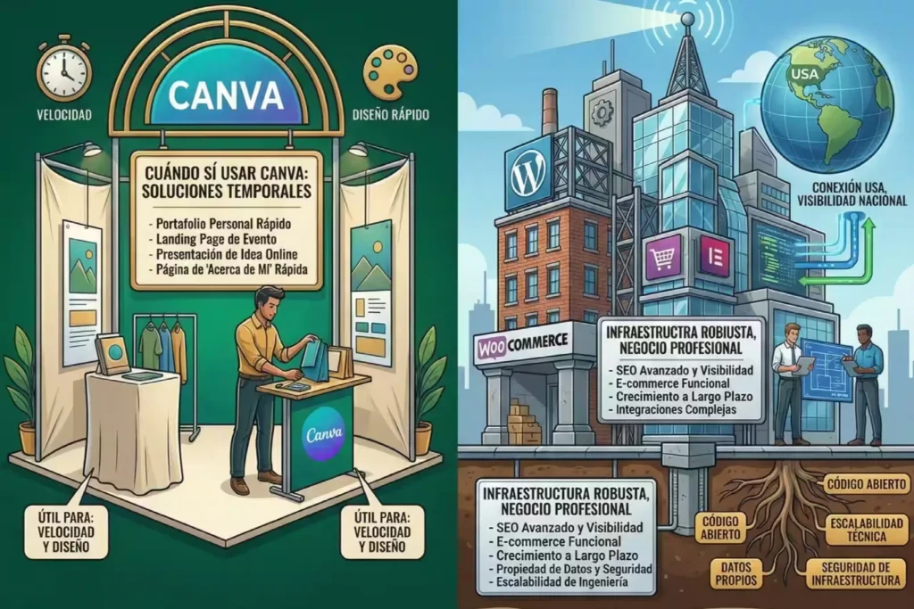 Infografía comparativa que define cuándo usar Canva para soluciones temporales frente a la necesidad de una infraestructura robusta en WordPress y WooCommerce para negocios profesionales en Estados Unidos.