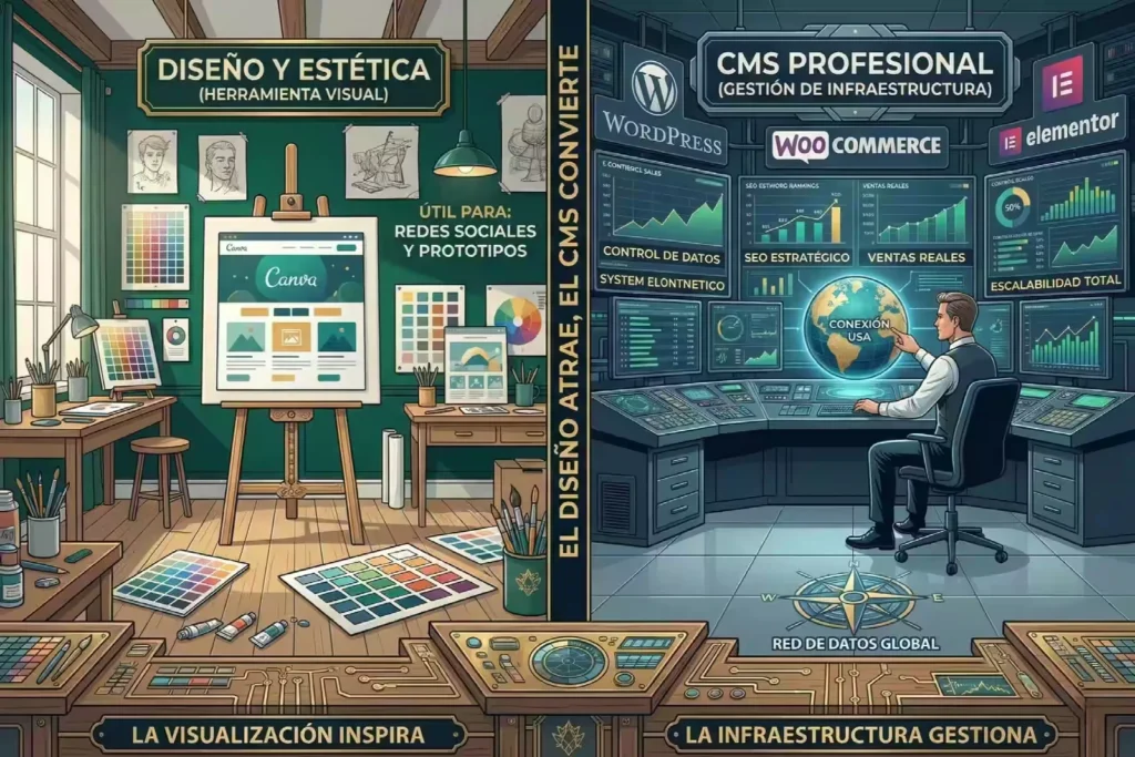 Infografía de conclusión que compara a Canva como una herramienta de diseño visual estético frente a un CMS profesional de infraestructura con WordPress y WooCommerce para la gestión de ventas y escalabilidad en Estados Unidos.