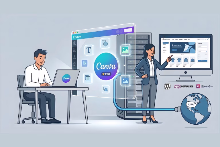 Ilustración comparativa sobre crear página web con Canva frente a una infraestructura profesional de WordPress, WooCommerce y Elementor para negocios en Estados Unidos.