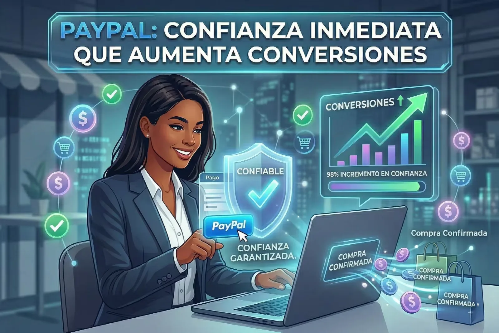 Consultora de ecommerce negra analizando un gráfico de aumento de conversiones del 98% gracias a la confianza garantizada de PayPal.