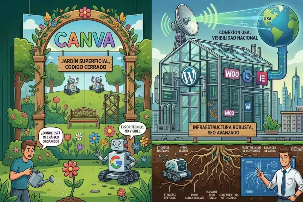 Comparación de SEO técnico: la invisibilidad de un sitio en Canva frente a una infraestructura profesional en WordPress con etiquetas hreflang, datos estructurados y optimización para el mercado de Estados Unidos.