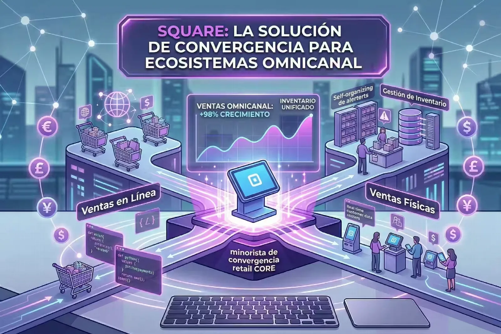 Ilustración técnica de un Square Register central actuando como 'retail CORE hub', unificando en tiempo real las ventas online, ventas físicas e inventario omnicanal minorista.