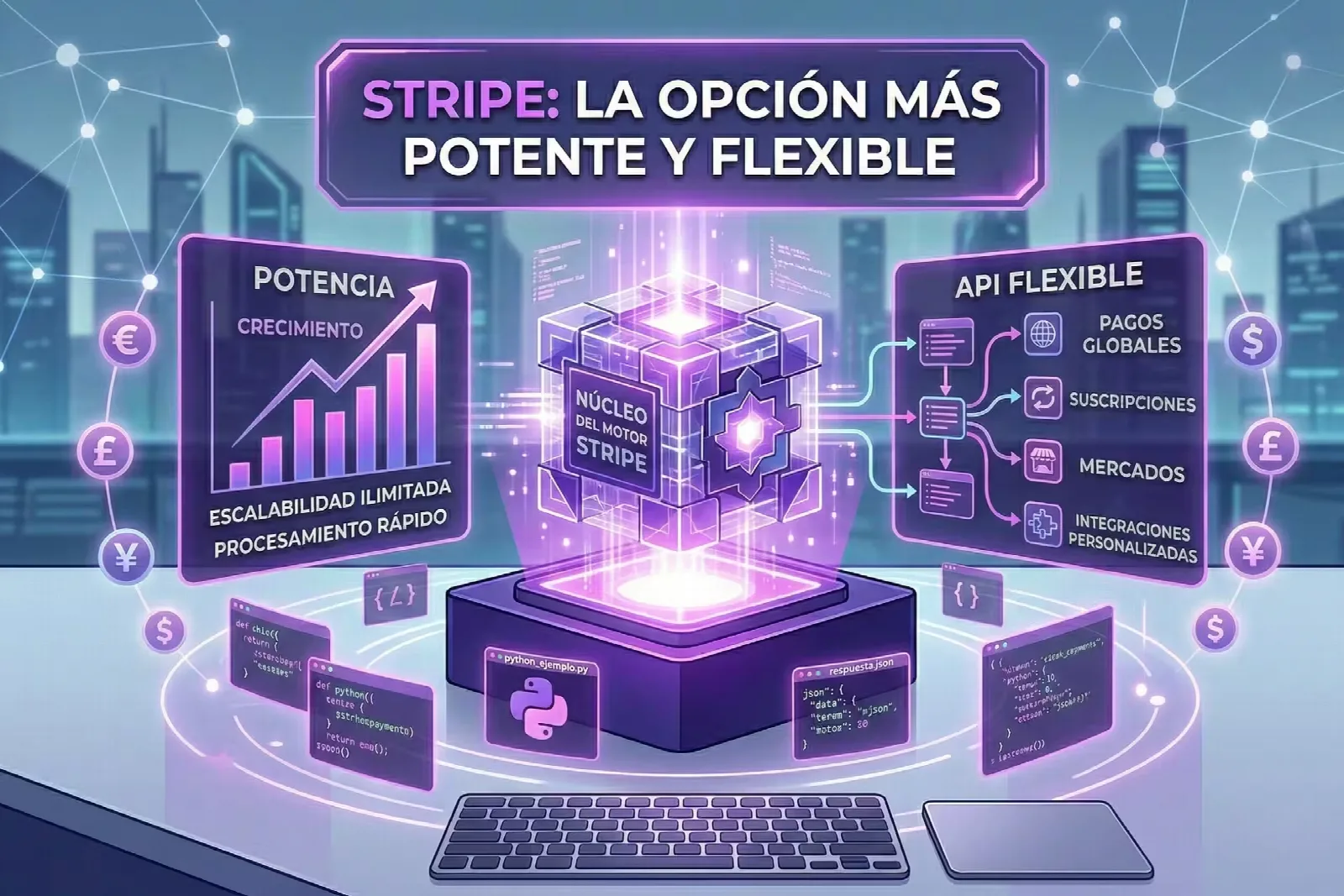 Ilustración técnica de un núcleo virtual glowing labeled 'NÚCLEO DEL MOTOR STRIPE' que visualiza gráficos de potencia de crecimiento y un diagrama de API flexible para pagos globales.