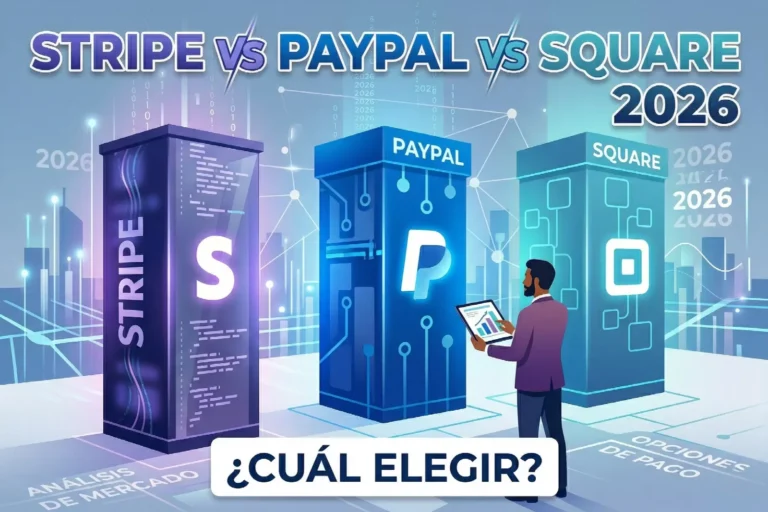Ilustración de un ejecutivo negro visto de espaldas, sosteniendo una tableta que muestra gráficos financieros. Él está analizando y eligiendo entre tres grandes pilares glowing de datos para Stripe, PayPal y Square en una ciudad de datos futurista del año 2026.