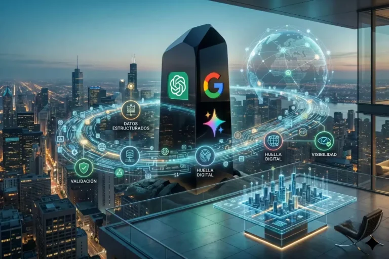 Infografía fotorrealista sobre una terraza en Chicago que muestra la optimización SEO para IA con los logotipos de Google, ChatGPT y Gemini rodeados de datos estructurados.