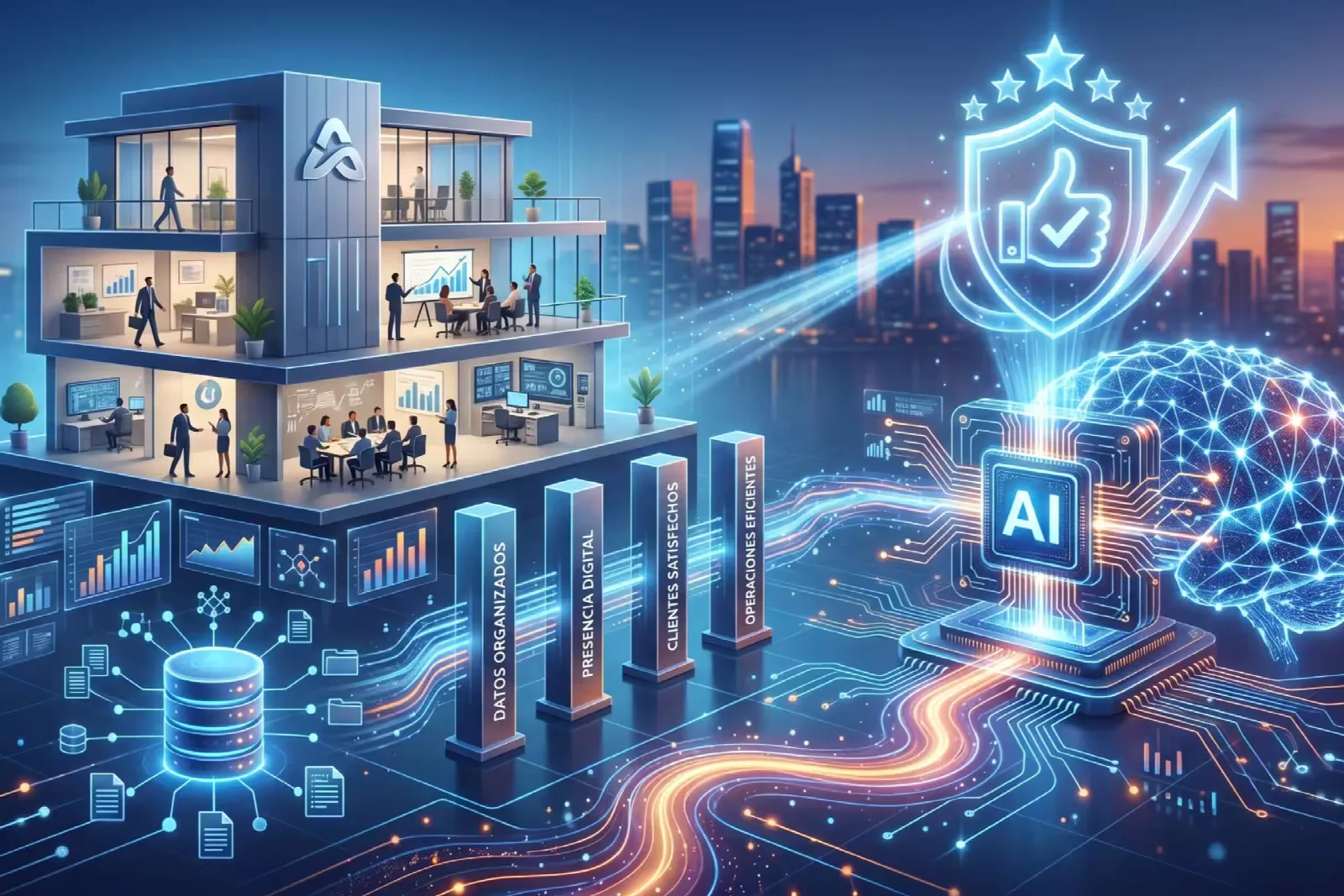 Representación futurista de un edificio corporativo conectado mediante flujos de datos a un procesador de inteligencia artificial con un escudo de recomendación positiva.