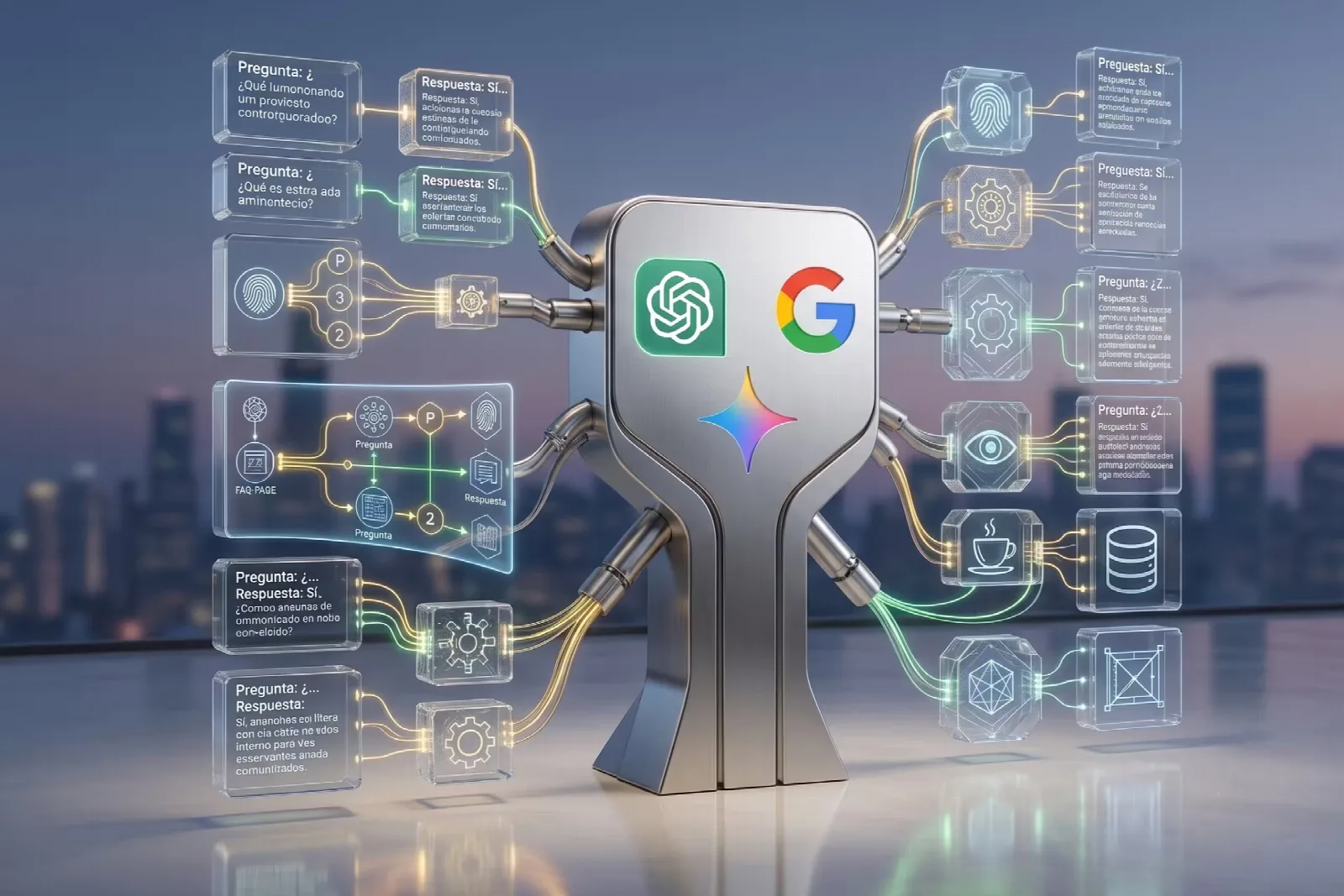 Representación conceptual de FAQ Schema mostrando bloques de preguntas y respuestas conectados a un dispositivo central con los logotipos de ChatGPT, Google y Gemini sobre un fondo urbano.