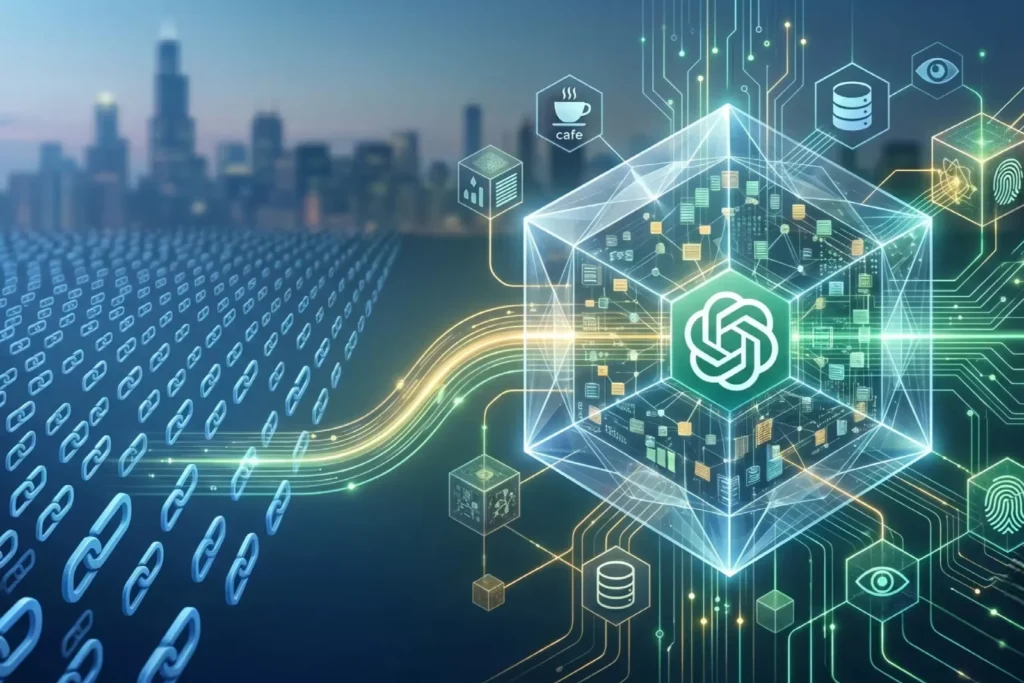 Representación conceptual del nuevo SEO que muestra enlaces web tradicionales conectándose a un núcleo central de inteligencia artificial con el logotipo de ChatGPT.