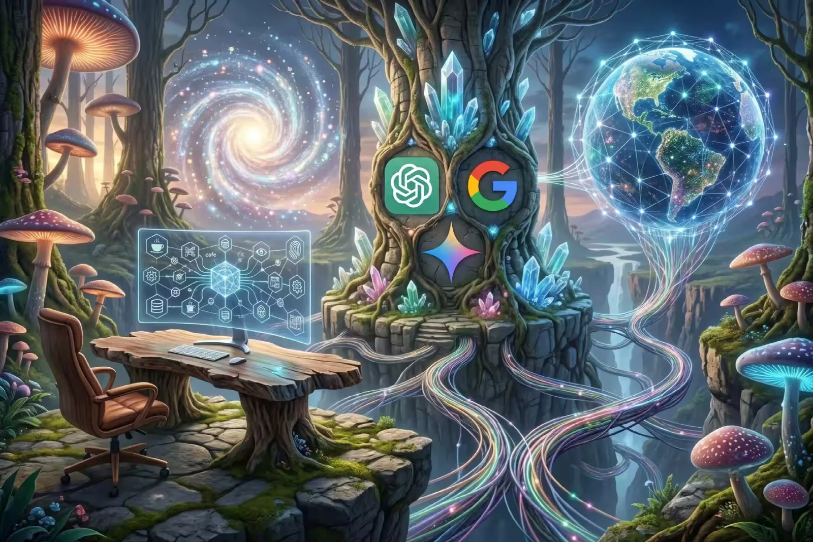 Representación conceptual del método IDA en un entorno de fantasía digital, mostrando un escritorio rústico frente a un árbol místico con los logotipos de ChatGPT, Google y Gemini conectados a una red global.
