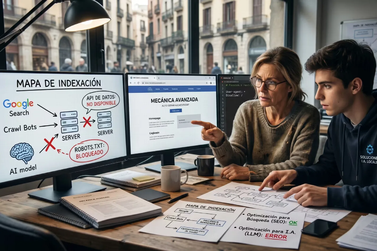 Dos profesionales analizan en pantallas de computadora un mapa de indexación web que muestra un error de optimización para modelos de inteligencia artificial y un bloqueo en el archivo robots.txt.