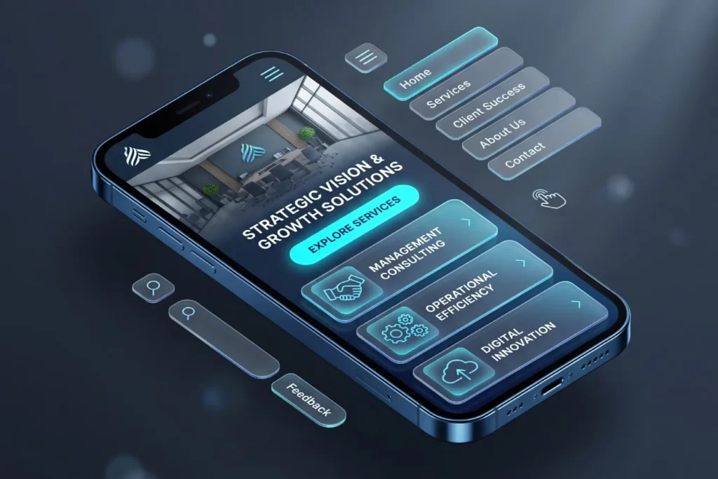 Smartphone en 3D con diseño web responsive para ilustrar cuándo rediseñar una página web corporativa.