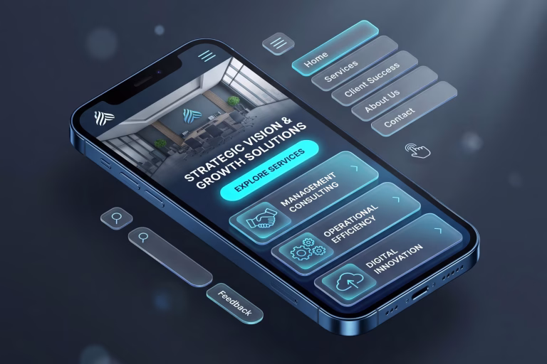 Smartphone en 3D con diseño web responsive para ilustrar cuándo rediseñar una página web corporativa.