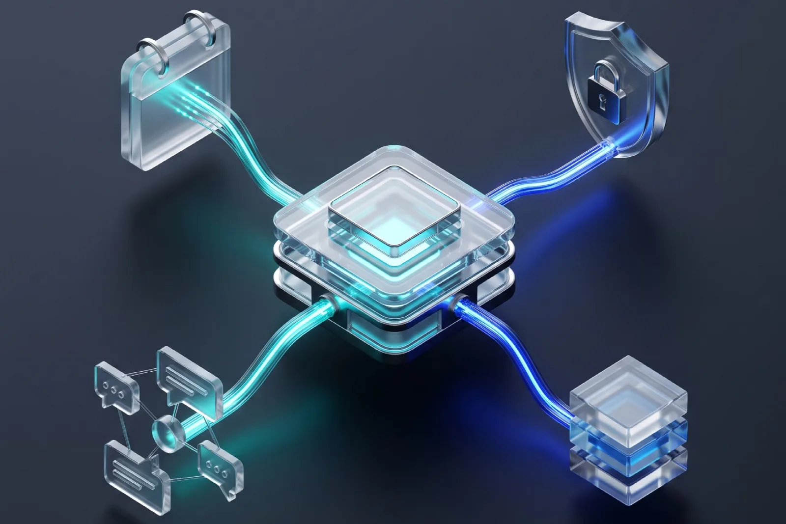 Ecosistema en 3D de automatización web e integración de procesos para optimizar el rendimiento de un negocio digital.