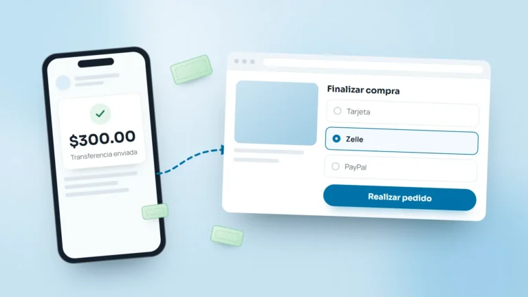 Ilustración: un cliente envía una transferencia de Zelle desde el móvil y el checkout de la tienda online muestra Zelle como método de pago