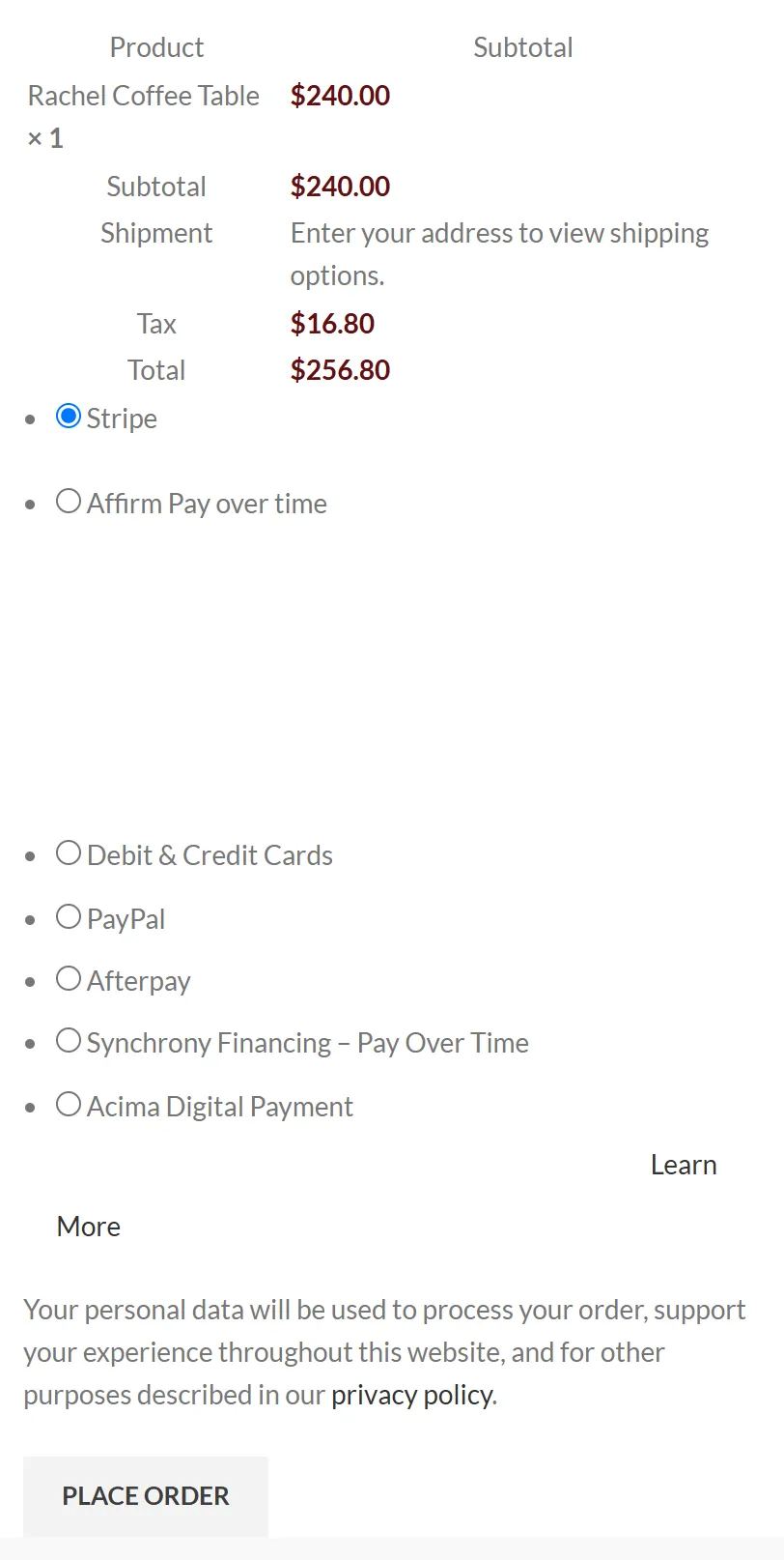 Captura real del resumen de pedido en el checkout de M&D Furniture en celular, con subtotal, impuesto, total y métodos de pago