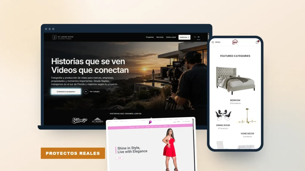 Capturas reales de tres sitios creados por Creador Webs: una productora audiovisual en un portátil, una tienda de moda y una tienda de muebles en el móvil