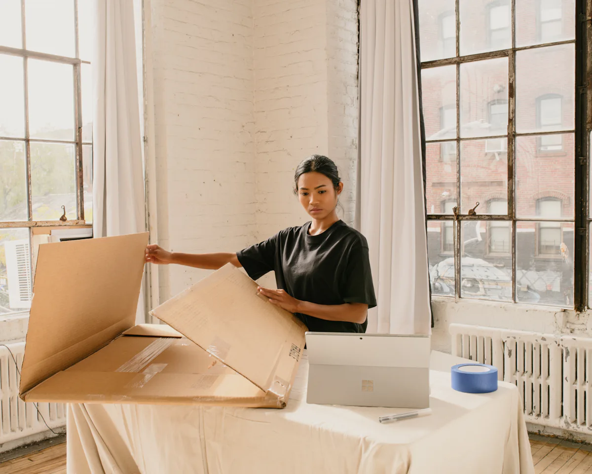 Emprendedora armando cajas de envío para los pedidos de su tienda online en Estados Unidos