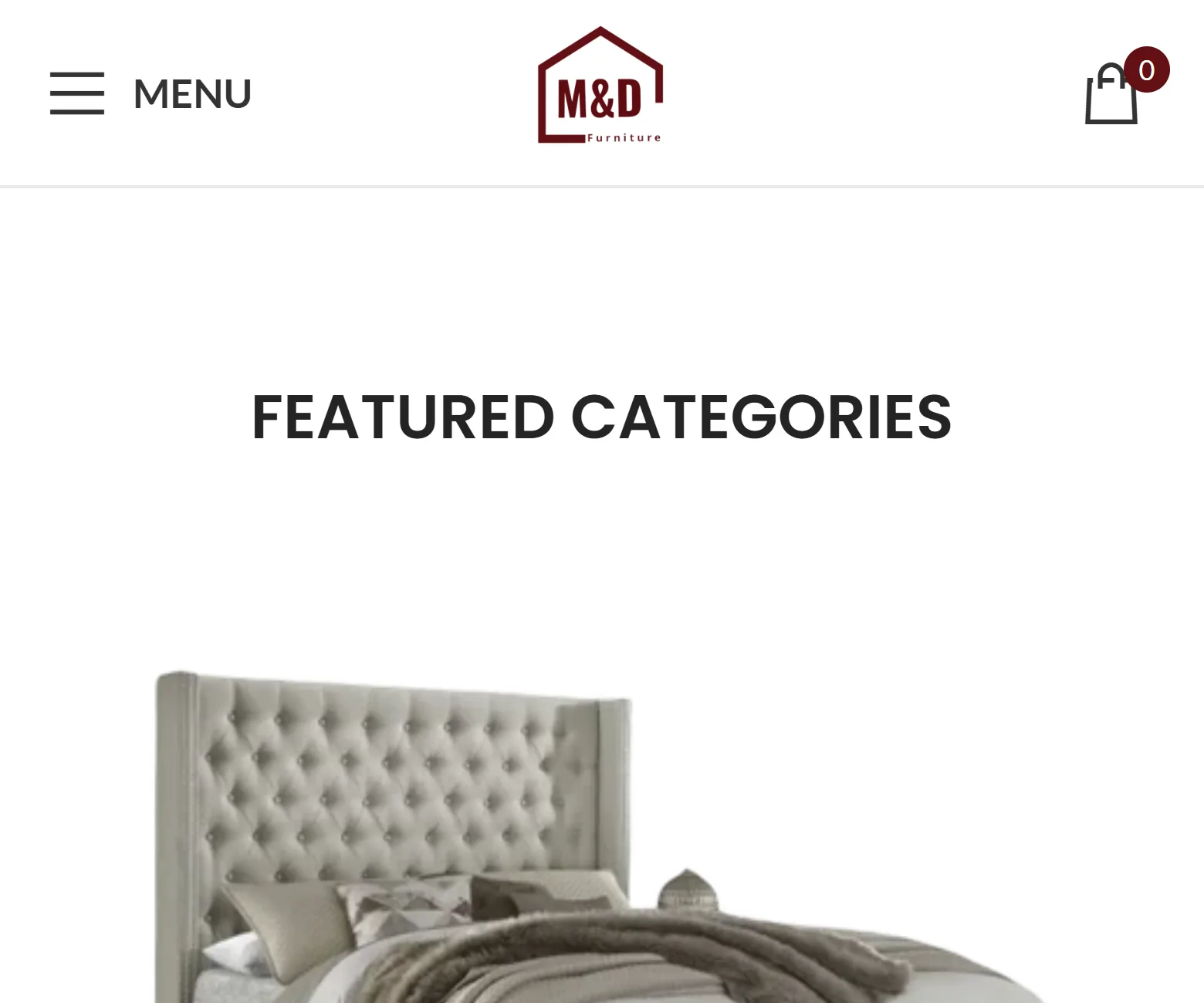 Captura real de la tienda M&D Furniture en un celular, con menú, carrito y categorías de productos