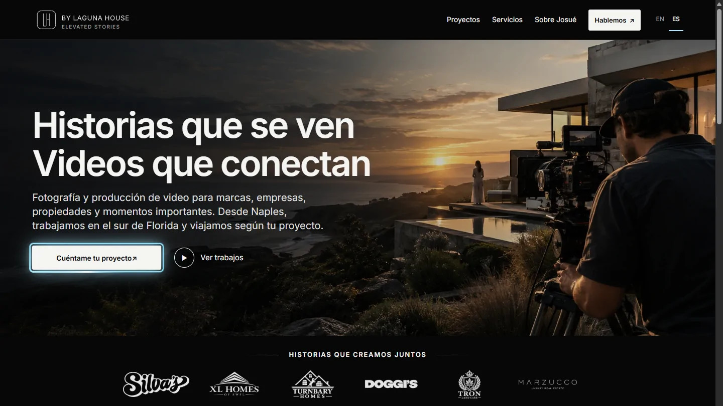 Captura real de la página de inicio de By Laguna House, con el mensaje principal y dos botones: contáctame y ver trabajos